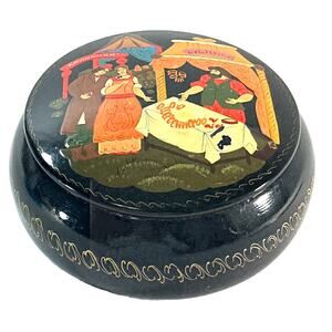 Vintage Antique Russian Hand Painted Enamel Round Trinket Box